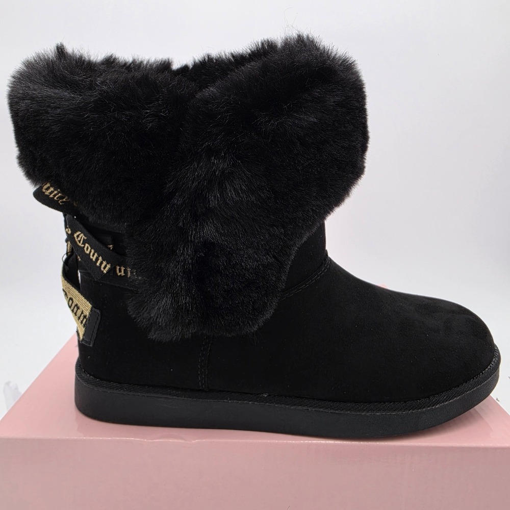 Juicy Couture KING 2 Black Faux Fur Trim Winter Boots Women 6 Ribbon Back NEW
